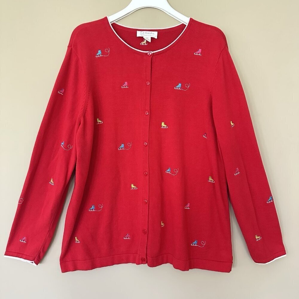 VTG Red Winter Cardigan Women 1X Ice Skate Embroidered Christmas Button Winter